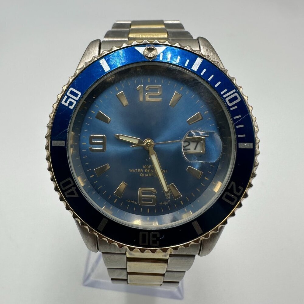 3/$30 Puritan Watch Men Two Tone Silver Gold Blue Dial Date Window 8.25"